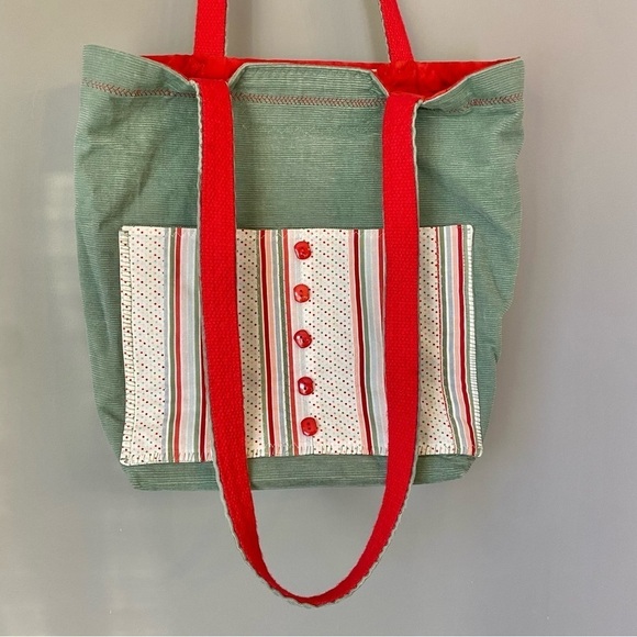 Vintage Handmade Sage Green & Poppy Red Corduroy Bag with Buttons - Picture 9 of 14